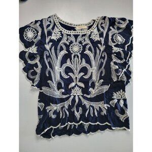 Solitaire Size L 19" Bust Women’s Boho Tunic Top Flowy Navy Embroidery